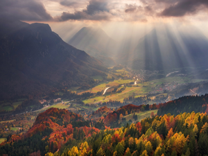 light breaking through sky, autumn, Slovenia, Mountains, Jesenice Commune