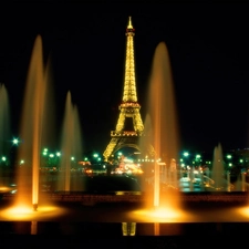 Night, Eiffla Tower, Paris, France, light, fountain