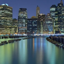 Town, buildings, light, River