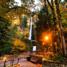 Lighthouse, Bench, lane, waterfall, Park