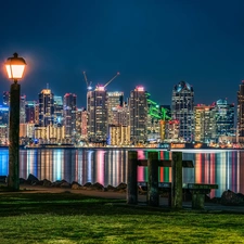 Lighthouse, Bench, Night, River, San Diego