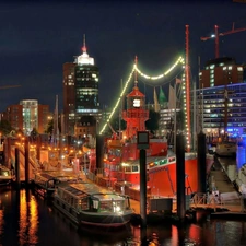 Boats, port, Lighthouse, maritime, Hamburg, night, clouds, fragment, skyscrapers