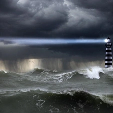 Lighthouse, maritime, sea, Waves, rough