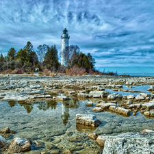 Lighthouse, maritime, Clouds, Sky, Stones