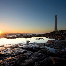 Lighthouse, maritime, sun, Stones, west