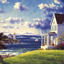clouds, Randy Van Beek, sea, Lighthouses, villa