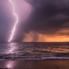 lightning, sea, Storm