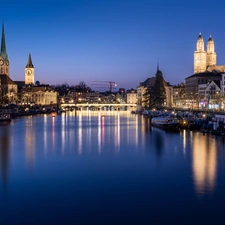 Night, Switzerland, River Limmat, bridge, Houses, Zurich