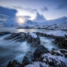 Norwegian Sea, Norway, rocks, snow, Flakstadøya Island, Lofoten