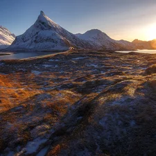 Norway, Sunrise, Mountains, Lofoten