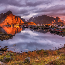 Moskenesoya Island, Reine Village, clouds, Norwegian Sea Mountains, Sunrise, Lofoten, Norway, Houses