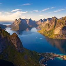 Fjords, sea, village, Lofoten, Norway, Mountains, Reine
