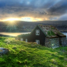 Loneley, iceland, River, Mountains, house