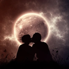 lovers, kiss, moon, Steam, Night