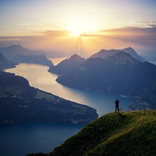 Mountains, rays of the Sun, Canton de Lucerne, Human, Switzerland
