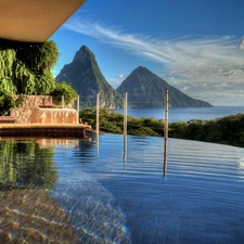 Mountains, house, Saint Lucia, Caribbean, sea, Pool