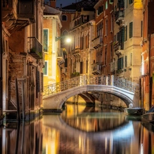 boats, Italy, bridge, Houses, sun, Night, luminosity, canal, Venice, flash, ligh