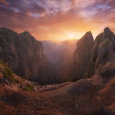 Great Sunsets, Mountains, madeira, Portugal, clouds, rocks