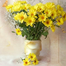 Vase, yellow, marguerites, bouquet