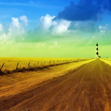 maritime, clouds, field, Lighthouse, Way