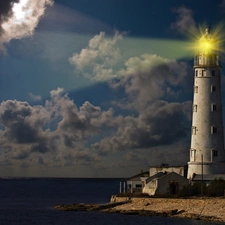 Lighthouse, maritime, luminosity, ligh, flash, sea, clouds, sun