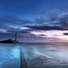 sea, west, maritime, pier, Lighthouse, sun