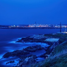 maritime, sea, night, Lighthouse, Town