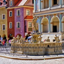 market, Pozna?, houses, Old car, fountain