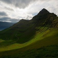 Meadow, Mountains, clouds