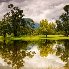 Meadow, clouds, trees, viewes, River