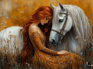 Horse, Meadow, redhead, White, Women