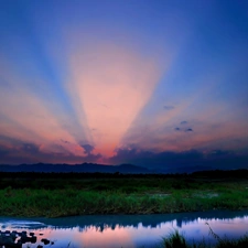 River, sun, Meadow, west