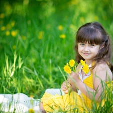 smiling, flowers, Meadow, girl