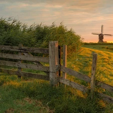 Plants, fence, Windmill, Meadow, Great Sunsets