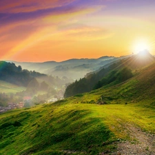 medows, Town, sun, Fog, rays, woods, Mountains, Great Rainbows