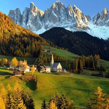 woods, medows, sun, Houses, west, Alps, autumn, Church