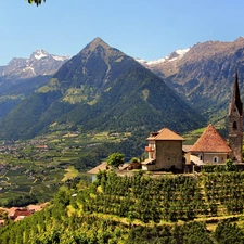 Merano, Italy, Church, buildings, Mountains