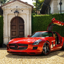 Red, Gate, hedge, Mercedes-Benz SLS AMG