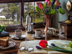 mill, coffee, Window, cake, Glasses, Oil Lamp, Tulips, Book