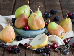 blackberry, composition, bowl, scissors, cherries, truck concrete mixer