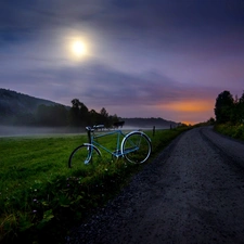 Bike, Fog, Moon, Way