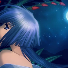 moon, girl, Flowers