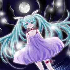 Vocaloid, Dress, moon, Miku Hatsune