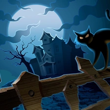 Fance, halloween, moon, Night, house, cat