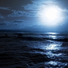 sea, Night, moon, Waves