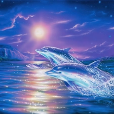 Three, water, moon, dolphins