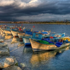 moored, Boats, storm, Sky, Gulf