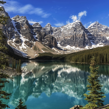 viewes, Alberta, Lake Moraine, clouds, forest, Canada, Banff National Park, reflection, Mountains, trees