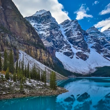Alberta, Canada, Banff National Park, Lake Moraine, Mountains, clouds, trees, viewes, Valley of the Ten Peaks