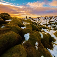 Moss, snow, sun, Stones, west